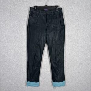 NYDJ Jeans 10 Forest Green Waxed Coated Fringe Boho Festival Lift Tuck Turquoise